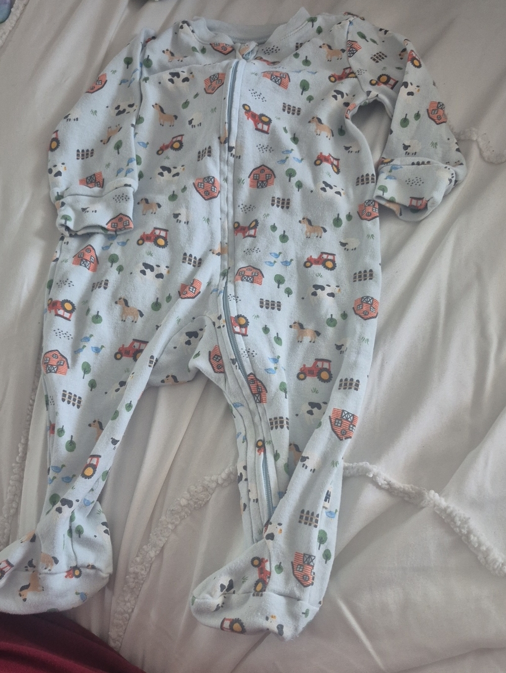 Light Blue Farm-Print Footed One-Piece Pajamas